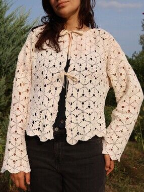 Upcycled Vintage Crochet Tablecloth Tie-Front  Sweater Cardigan - Cream L • XL
